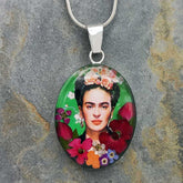 handmade Frida Kahlo with real flowers Silver Pendant